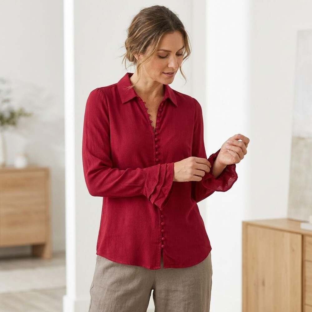 Soft Surroundings Burgundy Button-Down Blouse with Layered Ruffle Cuffs